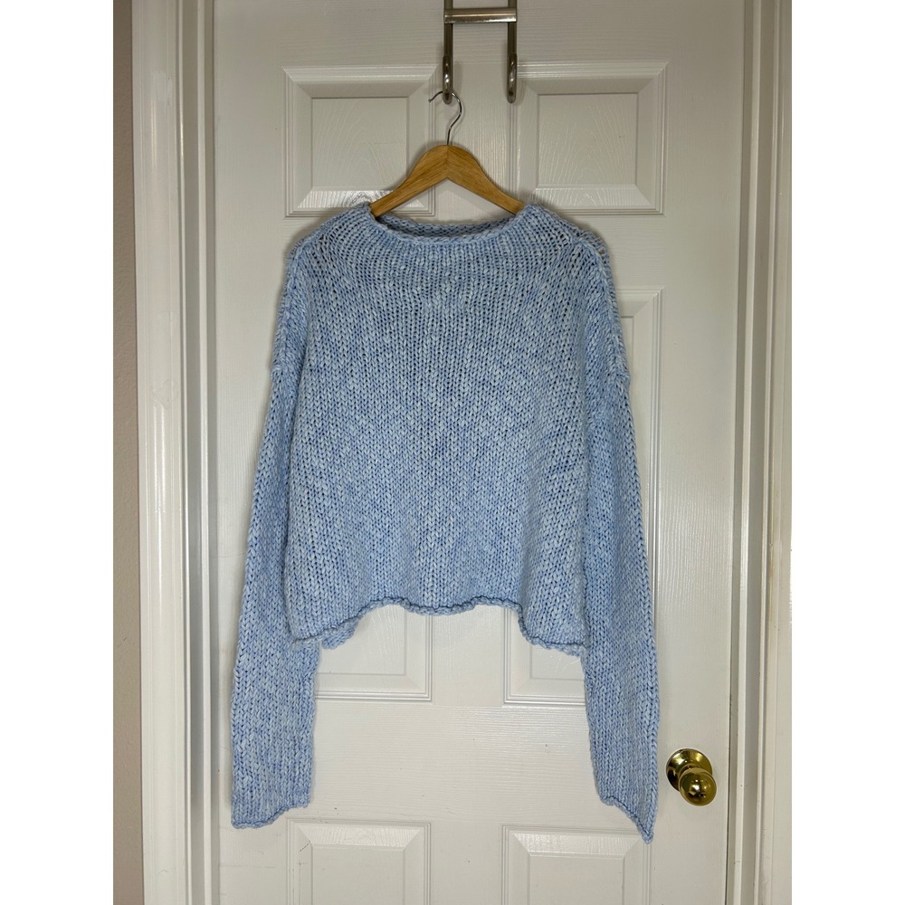 Free People Cotton Blend Opal Rollneck Blue Cozy Boho Relaxing Knit Sweater L - Picture 2 of 10